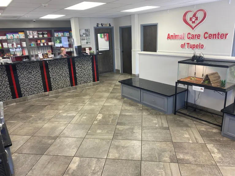 Photo of Animal Care Center of Tupelo Location Front of Clinic, includes the front desk and other items in the front room of the clinic