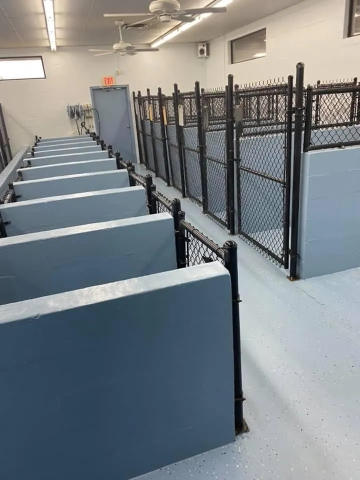 Photo of Animal Care Center of Tupelo Location Kennels, includes a view from the side of the large and small kennels